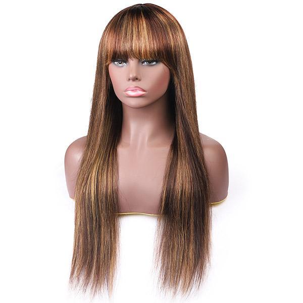 Modern Show Ombre Human Hair Wigs Highlight Straight Wig With Bangs Honey Blond Glueless Remy Hair Full Machine Wigs