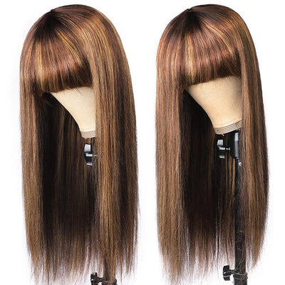 Modern Show Ombre Human Hair Wigs Highlight Straight Wig With Bangs Honey Blond Glueless Remy Hair Full Machine Wigs