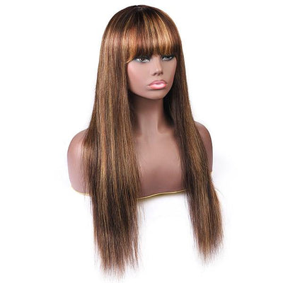 Modern Show Ombre Human Hair Wigs Highlight Straight Wig With Bangs Honey Blond Glueless Remy Hair Full Machine Wigs