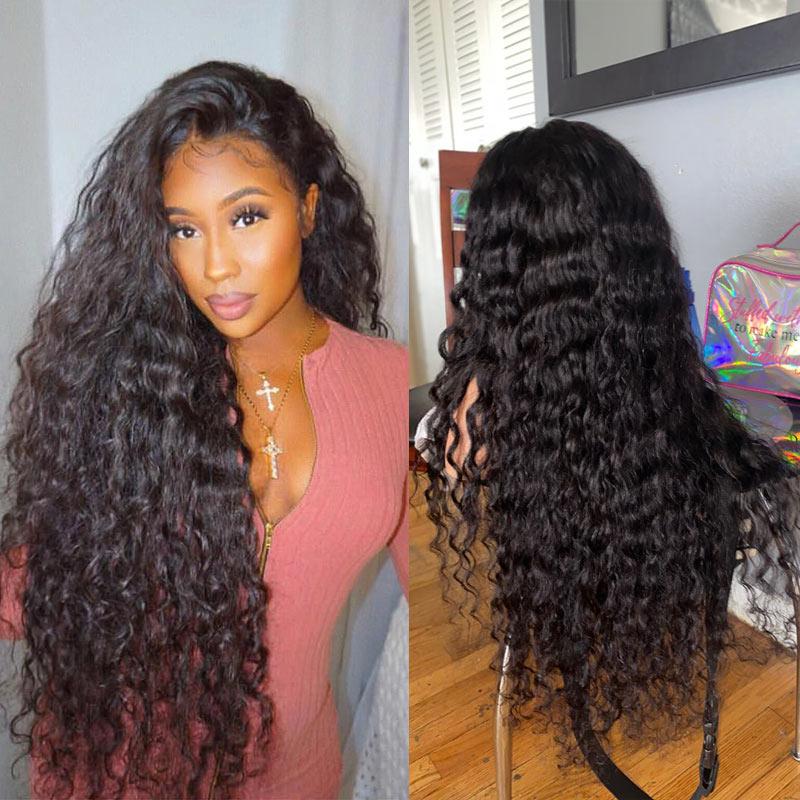 Modern Show 13x4 Invisible Lace Front Wig Long Brazilian Water Wave Human Hair Pre Plucked Half Lace Frontal Wigs