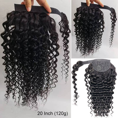 Long Deep Wave Wrap Around Ponytail Hair Extensions Natural Black Brazilian Curly Human Hair Velcro Pony Tail