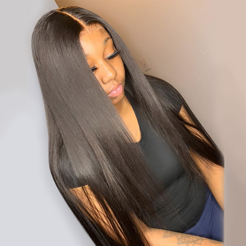 Modern Show 13x6 Transparent Half Lace Wig Brazilian Straight Human Hair Wigs Pre Plucked Frontal Wig