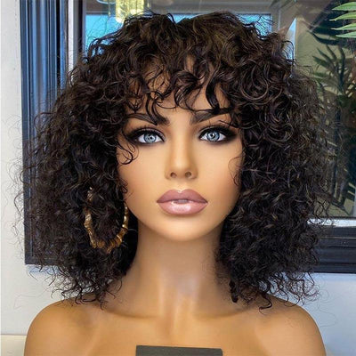 Modern Show Short Curly Bob Wig With Bangs Water Wave Human Hair Glueless Machine Made Wig For Women