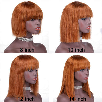 Modern Show Short Bob Wig With Bangs Orange Copper Color Straight Human Hair Wigs #30 Color Full Glueless Machine Made Wig