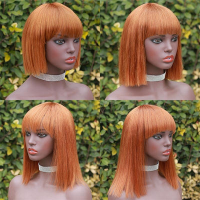Modern Show Short Bob Wig With Bangs Orange Copper Color Straight Human Hair Wigs #30 Color Full Glueless Machine Made Wig