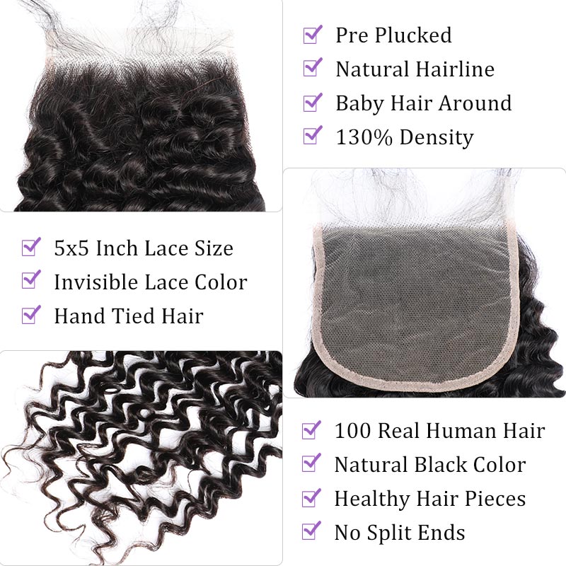Modern SHow Curly 5x5 Invisible Swiss Lace Closure Free Part With Baby Hair Remy Deep Wave Human Hair