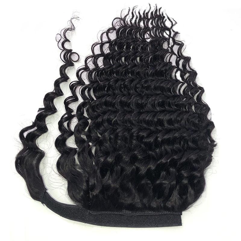 Modern Show Long Deep Wave Human Hair Wrap Around Ponytail Brazilian Deep Curly Hair Velcro Ponytail Hair Extensions