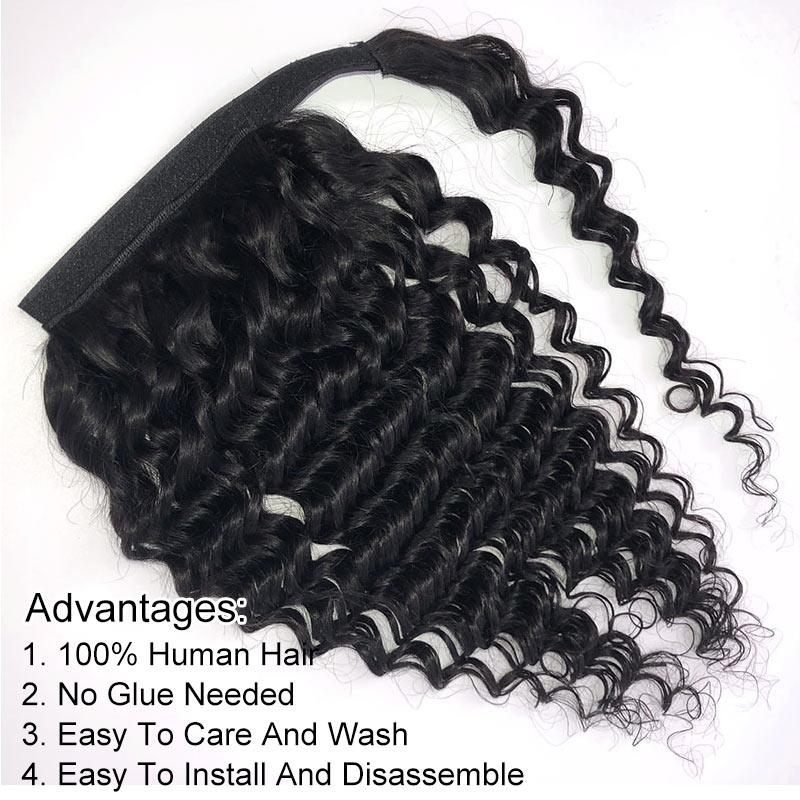 Modern Show Long Deep Wave Human Hair Wrap Around Ponytail Brazilian Deep Curly Hair Velcro Ponytail Hair Extensions