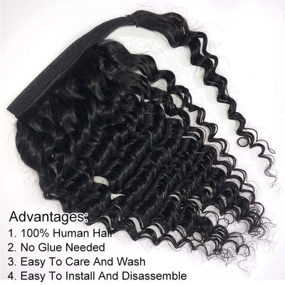 Modern Show Long Deep Wave Human Hair Wrap Around Ponytail Brazilian Deep Curly Hair Velcro Ponytail Hair Extensions