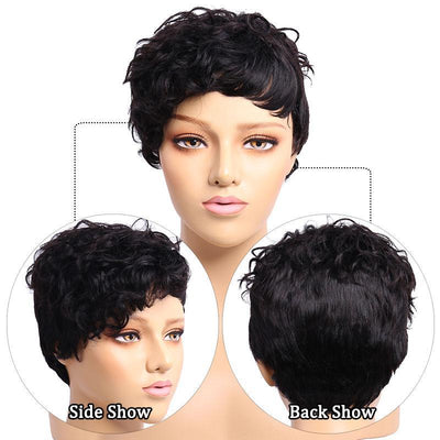 Modern Show Short Water Wave Curly Gamine Hairstyles Glueless Machine Made Human Hair Wigs