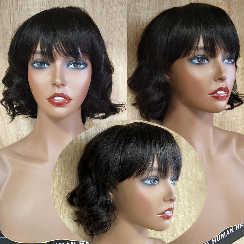 Modern Show Short Loose Wave Bob Wig With Bangs Glueless Machine Made Human Hair Wigs