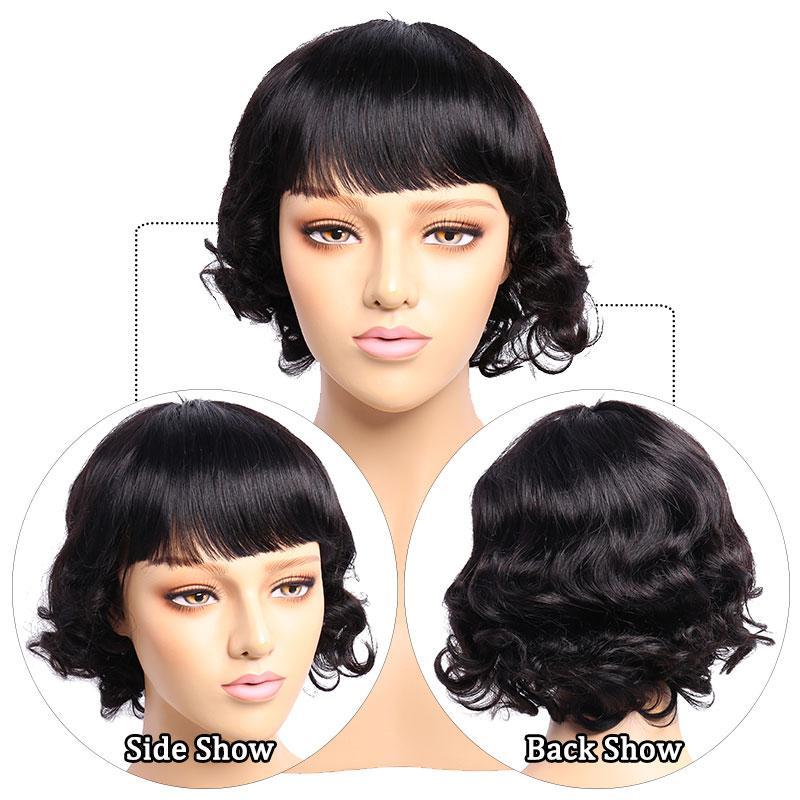 Modern Show Short Loose Wave Bob Wig With Bangs Glueless Machine Made Human Hair Wigs