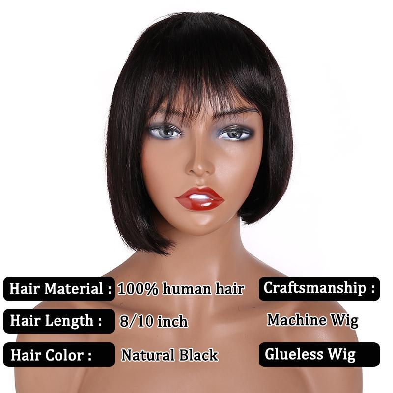 Modern Show Short Glueless Bob Wig With Bangs Brazilian Straight Human Hair Wigs Half Machine Wig In Sassoon Hairstyle