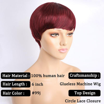 Modern Show Hair Short Human Hair Wig With Bangs #99J Red Color Pixe Haircuts Wig For Women Glueless Machine Wig