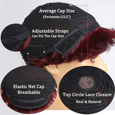 Modern Show Hair Short Human Hair Wig With Bangs #99J Red Color Pixe Haircuts Wig For Women Glueless Machine Wig