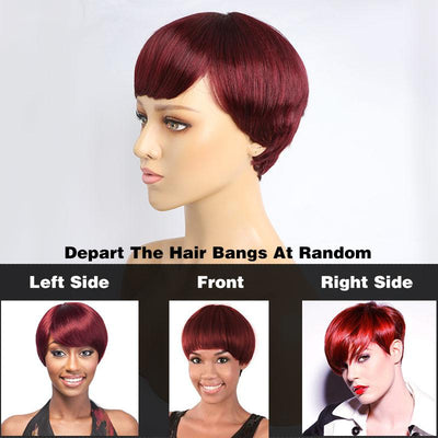 Modern Show Hair Short Human Hair Wig With Bangs #99J Red Color Pixe Haircuts Wig For Women Glueless Machine Wig