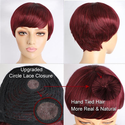 Modern Show Hair Short Human Hair Wig With Bangs #99J Red Color Pixe Haircuts Wig For Women Glueless Machine Wig