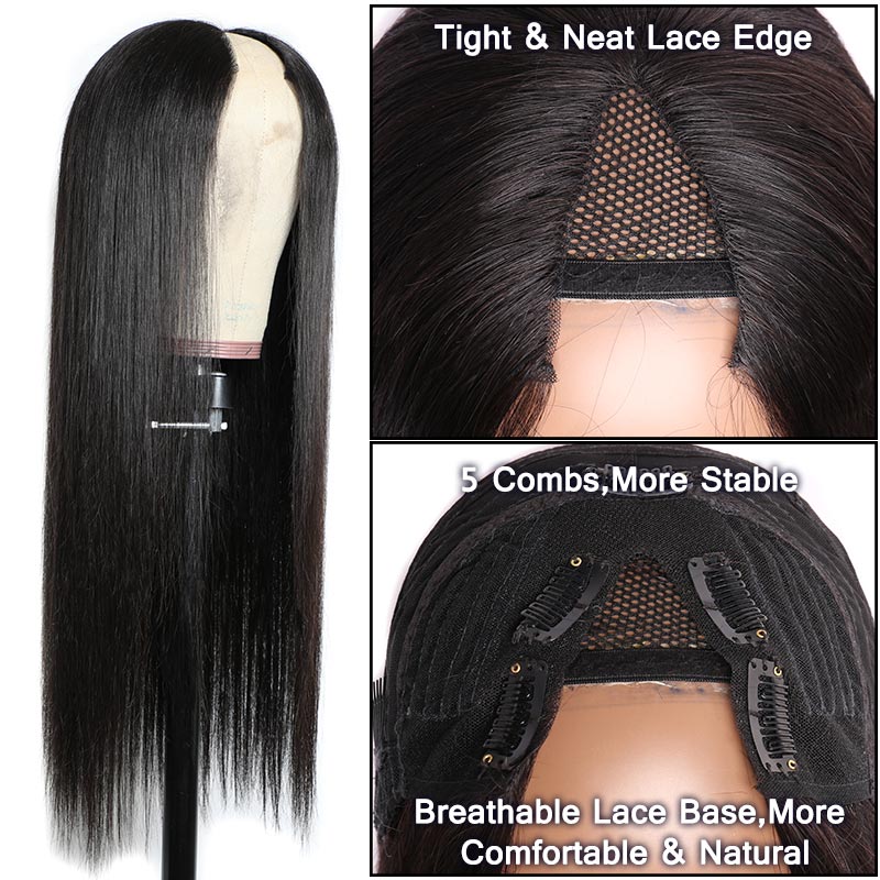 Modern Show V Part Straight Wig Real Glueless Remy Human Hair Wigs Natural Black Color 180% Density
