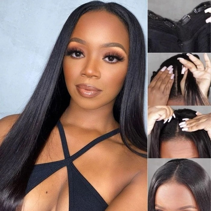 Natural Black Glueless V Part Straight Wig Real Human Hair  display picture 2