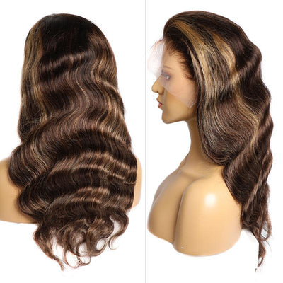 Modern Show 28 Inch Highlight Human Hair Wigs Body Wave Lace Front Wigs Ombre 4/27 Color Remy Hair Wigs
