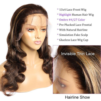 Modern Show 28 Inch Highlight Human Hair Wigs Body Wave Lace Front Wigs Ombre 4/27 Color Remy Hair Wigs