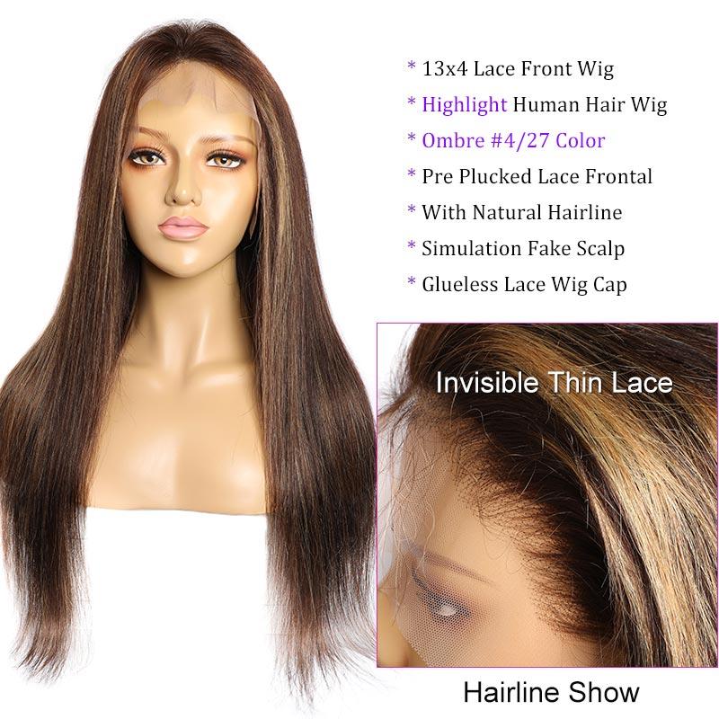 Modern Show Long Highlight Wig Brown Colored Straight Human Hair Wigs Omber Color 4/27 Pre Plucked Lace Front Wigs