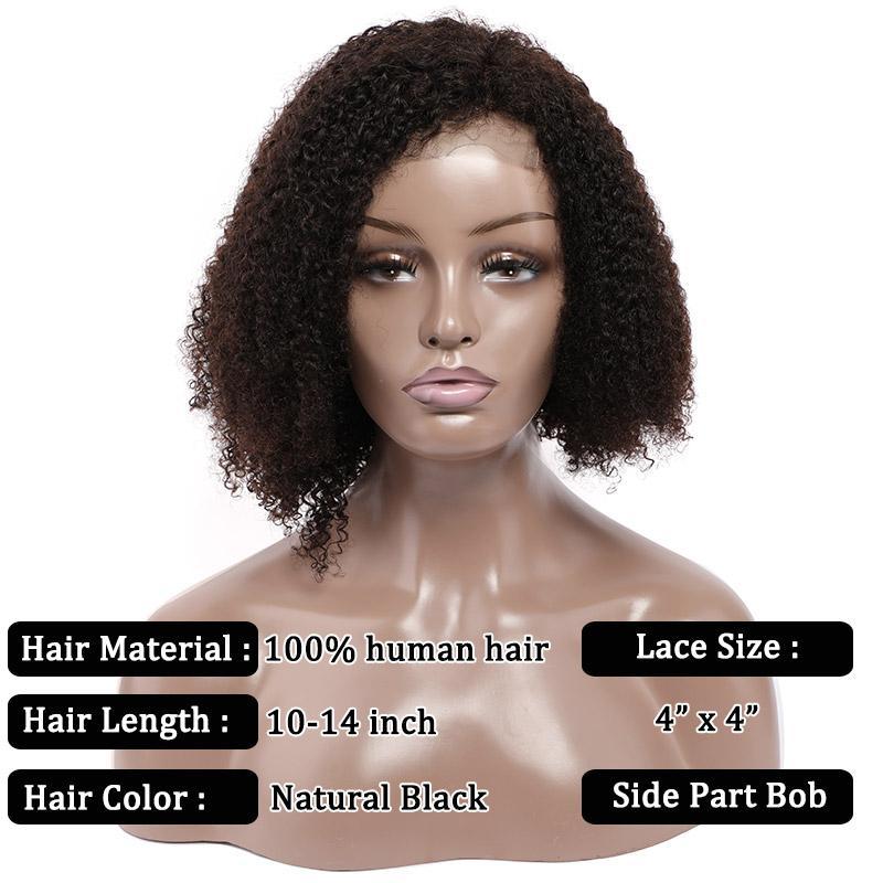 Modern Show Kinky Curly Bob Glueless Short Brazilian Human Hair Wigs Side Part 4x4 Lace Closure Wigs
