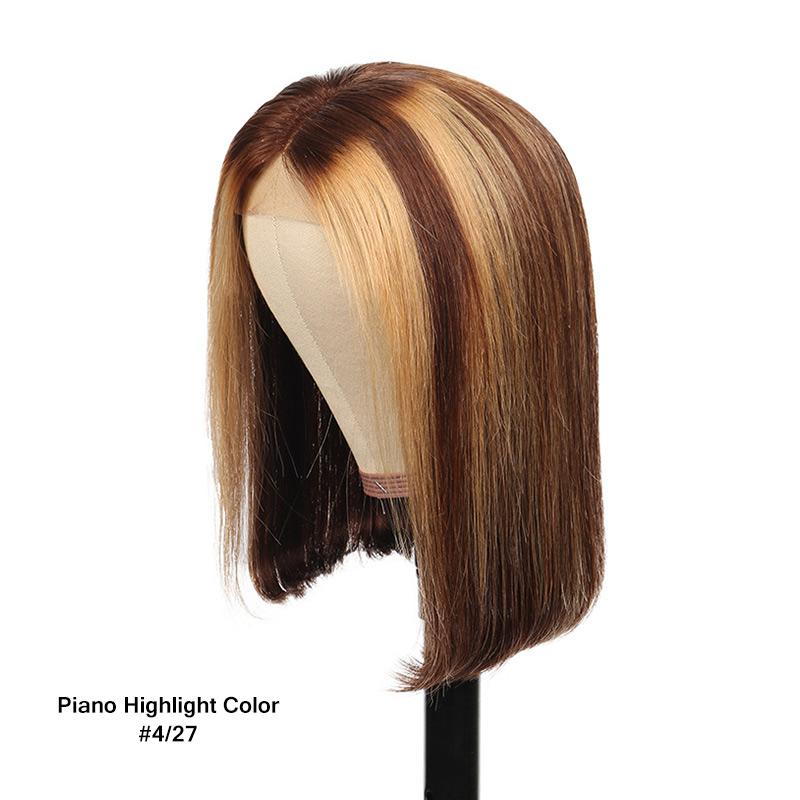 Modern Show Piano Highlight Color Human Hair Wigs Short Bob #4/27 Color Straight Hair 4x4 Lace Closure Wig