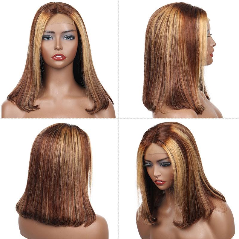 Modern Show Piano Highlight Color Human Hair Wigs Short Bob #4/27 Color Straight Hair 4x4 Lace Closure Wig