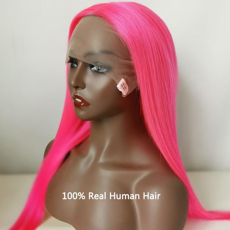 Modern Show Pink Hair Color Lace Wig Long Straight Human Hair Wigs Pre Plucked Lace Front Wig With Baby Hair