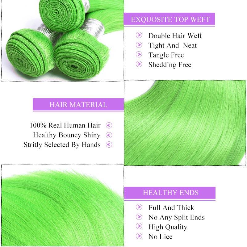 Modern Show Long Straight Neon Green Color Hair Bundles Brazilian Human Hair Weave 3Pcs/lot