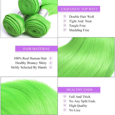 Modern Show Long Straight Neon Green Color Hair Bundles Brazilian Human Hair Weave 3Pcs/lot