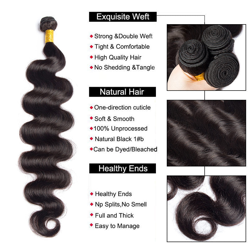 Modern Show 28-40 Inch Long Black Body Wave Hair 4 Bundles With Closure Remy Human Hair Weave For Sew In