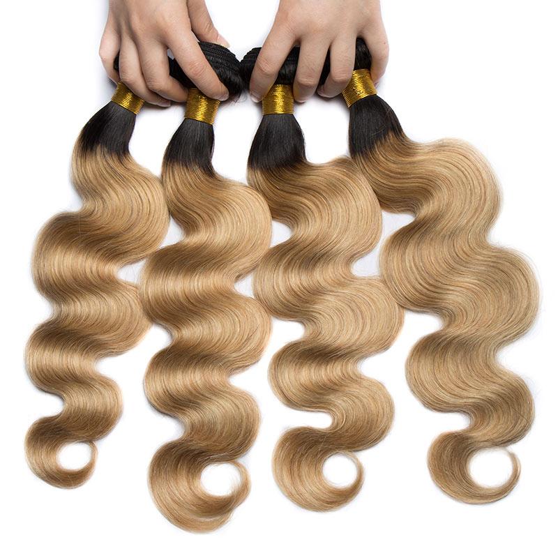 Modern Show Long Body Wave Ombre Hair 4 Bundles 1b/27 Two Tone Middle Golden Color Human Hair Brazilian Weave Extensions