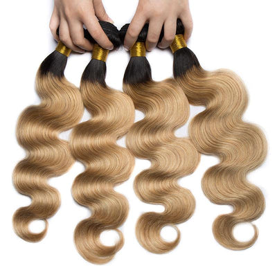 Modern Show Long Body Wave Ombre Hair 4 Bundles 1b/27 Two Tone Middle Golden Color Human Hair Brazilian Weave Extensions