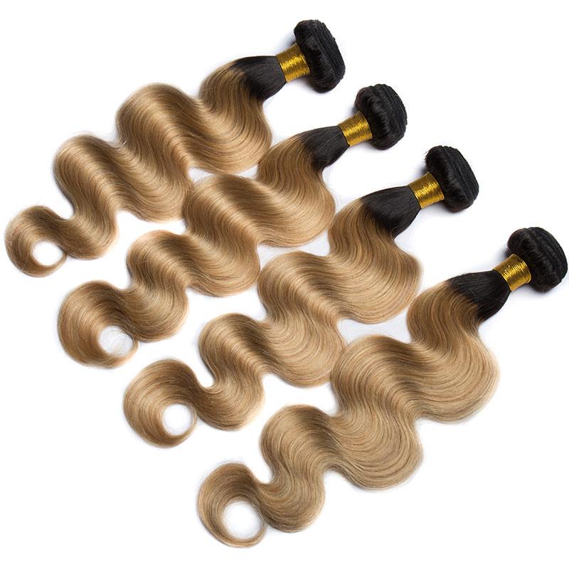 Modern Show Long Body Wave Ombre Hair 4 Bundles 1b/27 Two Tone Middle Golden Color Human Hair Brazilian Weave Extensions