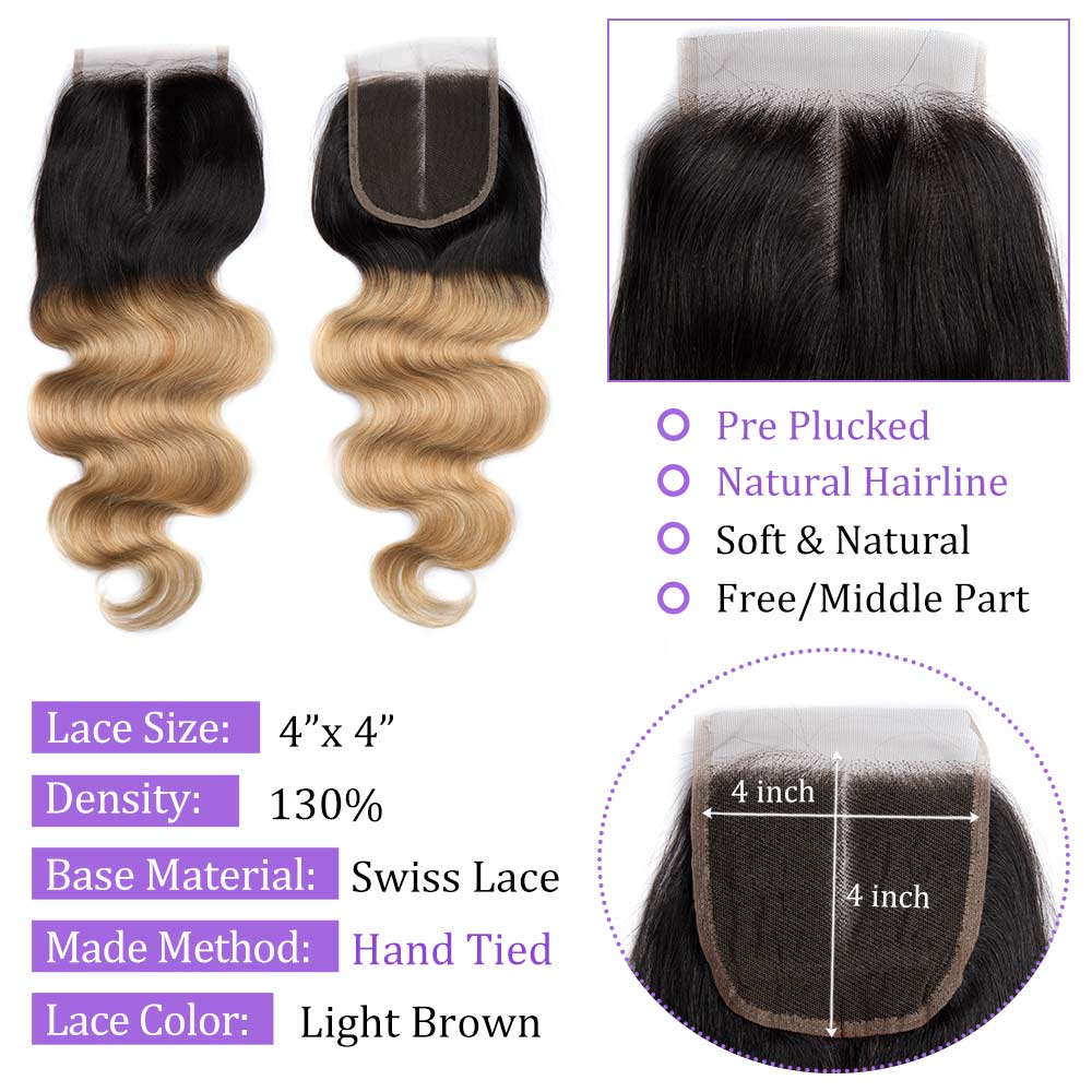 Modern Show Body Wave 1B/27 Color Lace Closure Middle Golden Ombre Human Hair 4x4 Swiss Lace Closure With Baby Hair
