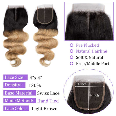 Modern Show Body Wave 1B/27 Color Lace Closure Middle Golden Ombre Human Hair 4x4 Swiss Lace Closure With Baby Hair