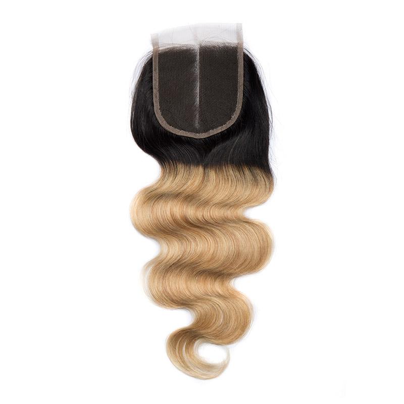 Body Wave Closure Black roots Strawberry Blonde Color Hair 4x4 Swiss ...