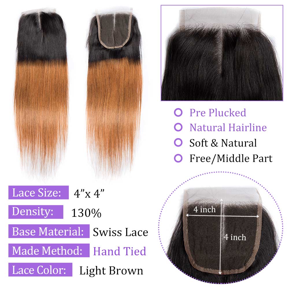 Modern Show 1B/30 Medium Auburn Ombre Hair Straight 4 Bundles With Closure Brazilian Human Hair Weave With 4x4 Lace Closure