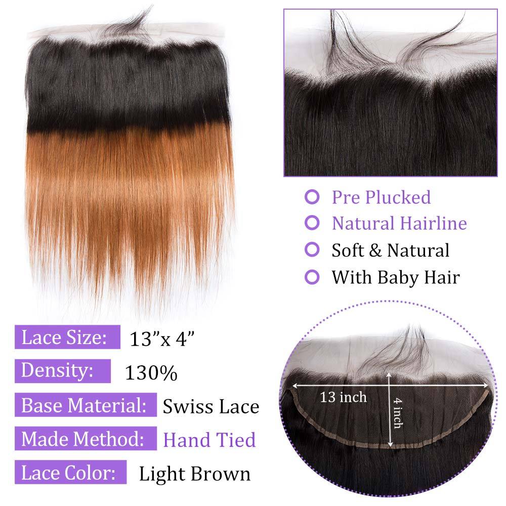Modern Show Middle Brown Ombre Straight Human Hair Bundles With Frontal 1B/30 Color Brazilian Weave 3pcs With Lace Frontal Closure