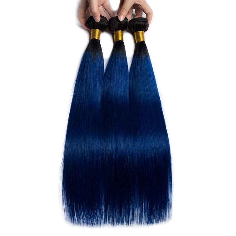 Modern Show Ombre Straight Human Hair Extensions 1B/Blue Color Brazilian Remy Hair Weave 1 Bundle Deal