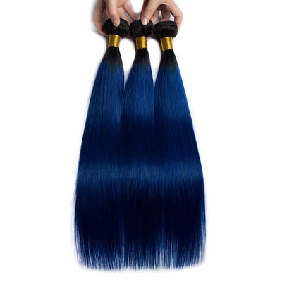 Modern Show Ombre Straight Human Hair Extensions 1B/Blue Color Brazilian Remy Hair Weave 1 Bundle Deal