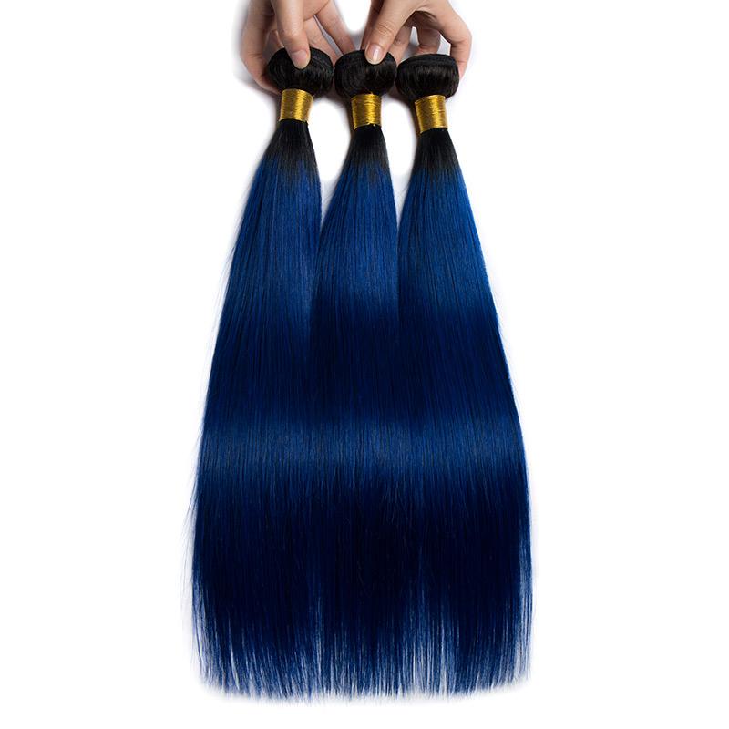 Modern Show 1B/Blue Ombre Hair Color Straight Hair 3 Bundles With Closure Brazilian Human Hair Weave With 4x4 Lace Closure