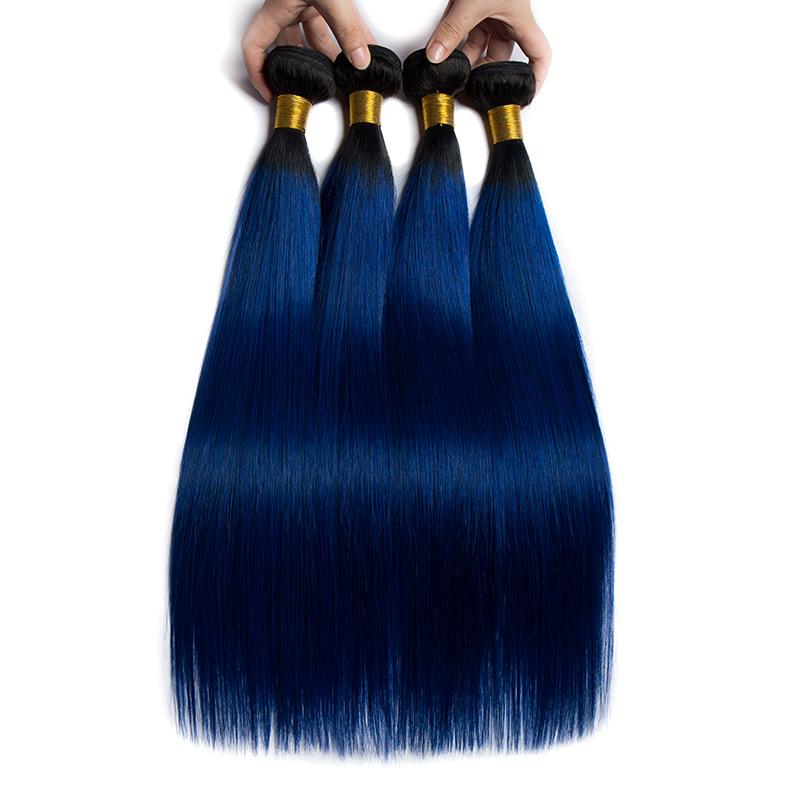 Black Root Blue Hair Straight Bundles With 4x4 Lace Closure  display picture 1