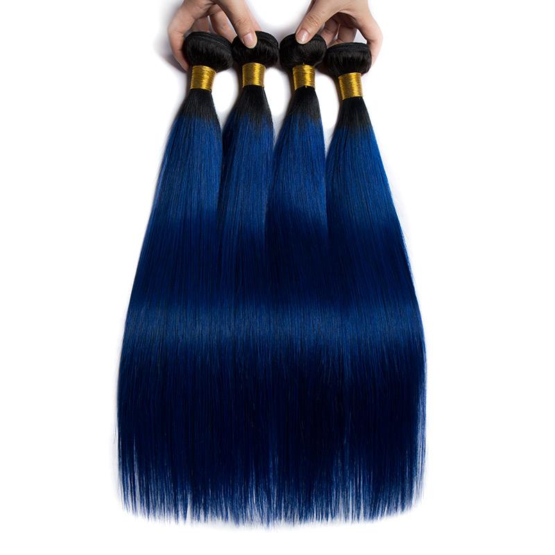 Modern Show 4 Bundles Long Ombre Brazilian Straight Human Hair Weave 2 Tone 1B/Blue Color Hair Extensions