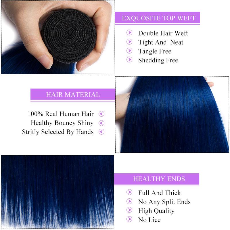 Modern Show 1B/Blue Color Ombre Hair Straight Bundles With Frontal Human Hair Brazilian Weave 3pcs With Lace Frontal Closure