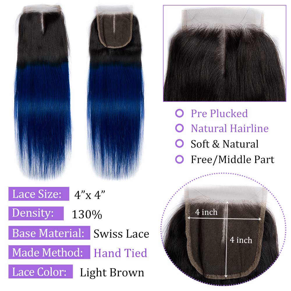 Modern Show Ombre 1b/blue Color Straight Lace Closure Remy Human Hair 4x4 Swiss Lace Closure With Baby Hair