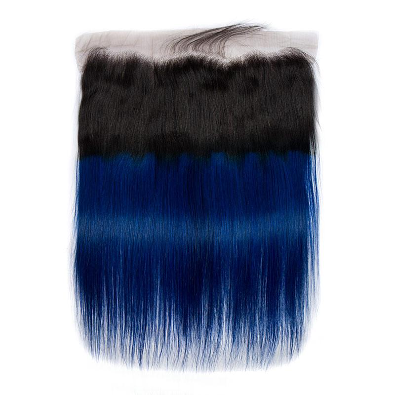 Modern Show 1B/Blue Color Ombre Hair Straight Bundles With Frontal Human Hair Brazilian Weave 3pcs With Lace Frontal Closure