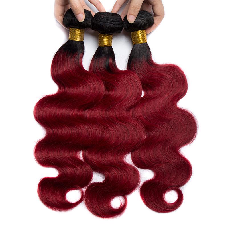 Modern Show 3 Bundles Body Wave Ombre Hair With Closure 1B/Burgundy Color Brazilian Human Hair Weave With 4x4 Lace Closure